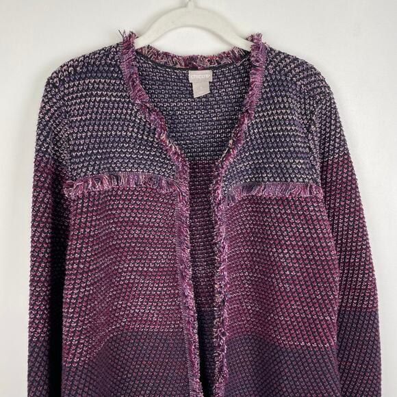 Chicos Marled Fringe Cardigan Sweater Purple Colorblock Metallic Knit Jacket XL - Picture 3 of 12